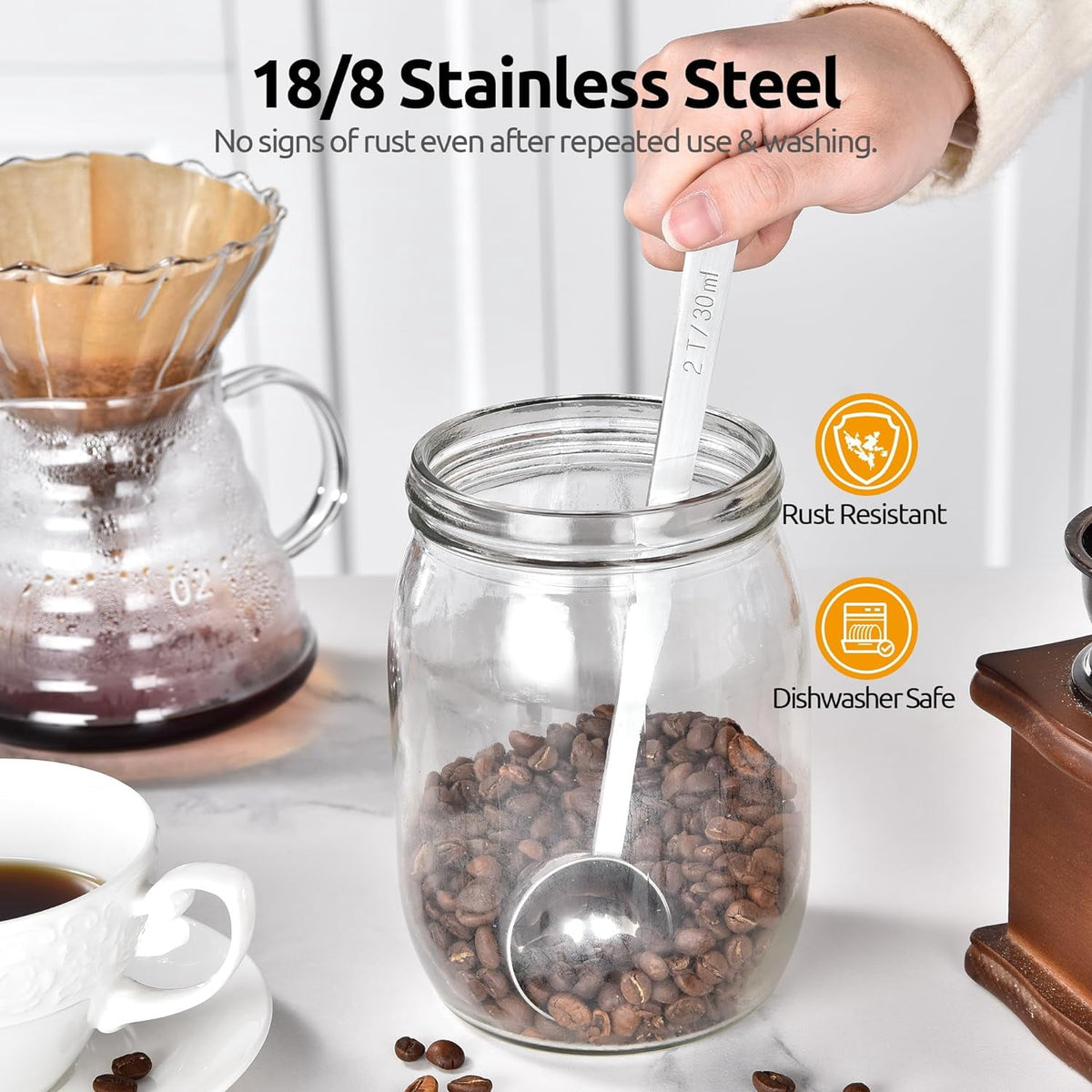 U-Taste Coffee Scoop 2 Tablespoon: 18/8 Stainless Steel Measuring Scooper for Ground Coffee Bean Espresso, 6.9in Extra Long Handle Metal Meaure Spoon