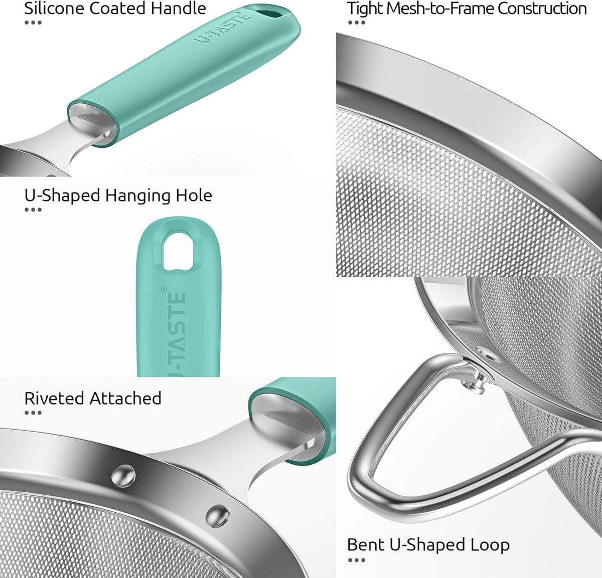 U-Taste Fine Mesh Strainer, 18/8 Stainless Steel Sieve Food Strainer, Kitchen Metal Colander for Rinsing Rice/Quinoa/Flour/Berry Seed, 4.73", Aqua Sky
