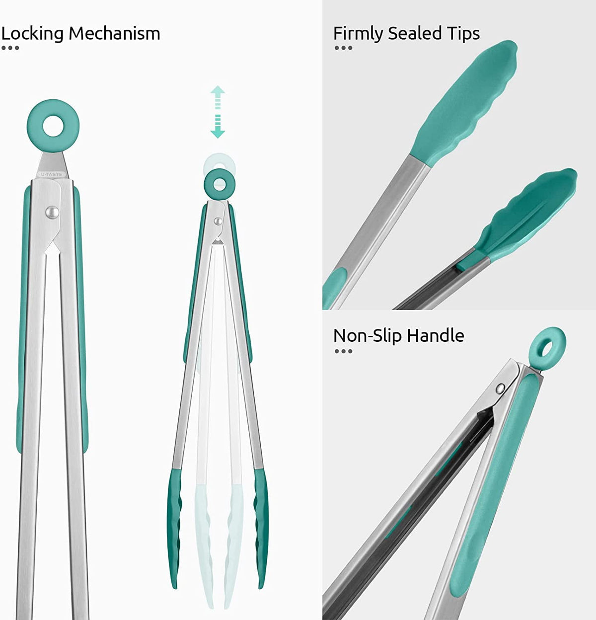 U-Taste Kitchen Tong for Cooking, 480ºF Heat-Resistant Non Stick Silicone Tips, Long Large Rubber Food Tong for Serving Grilling BBQ, 12in, Aqua Sky