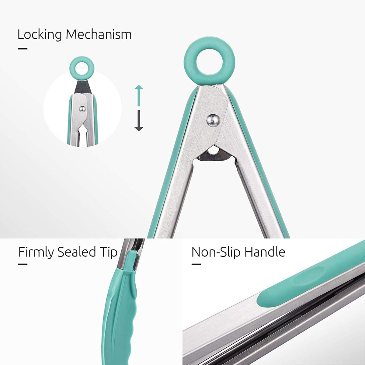 U-Taste 480ºF Heat-Resistant Kitchen Tongs for Cooking, Silicone Tong Utensils Set for Food Serving, Rubber Salad/Grill/BBQ Tongs, 7/9/12in, Aqua Sky
