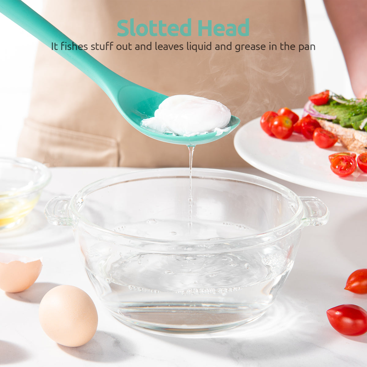 U-Taste 600°F Heat Resistant Silicone Slotted Spoon, 13.3in Long Large Cooking Spoon, Rubber Kitchen Utensil for Mixing/Stirring/Basting, Aqua Sky
